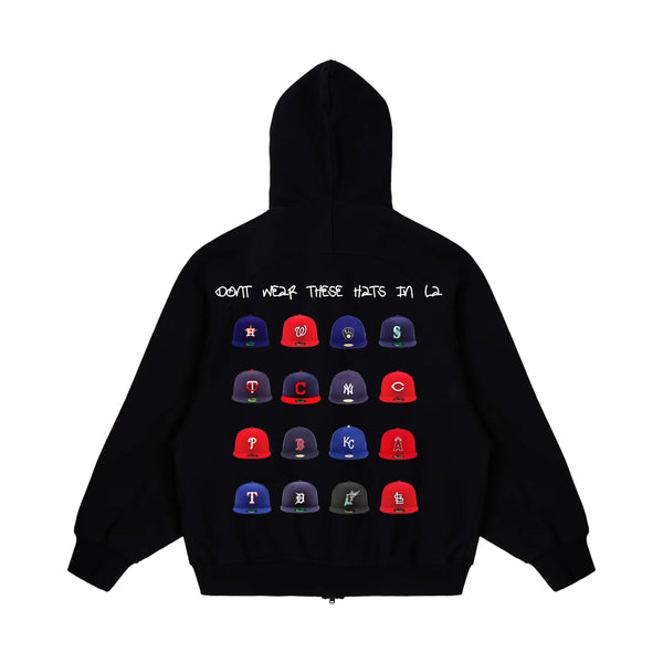"Don't Wear These Hats In LA" (Black) Zip-Up Hoodie