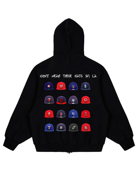"Don't Wear These Hats In LA" (Black) Zip-Up Hoodie